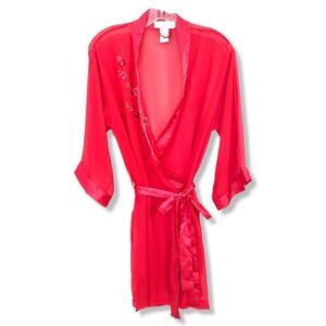 Val Mode Lingerie Red Robe Sheer Chiffon LS Knee Length Open Front Satin Belt Vi
